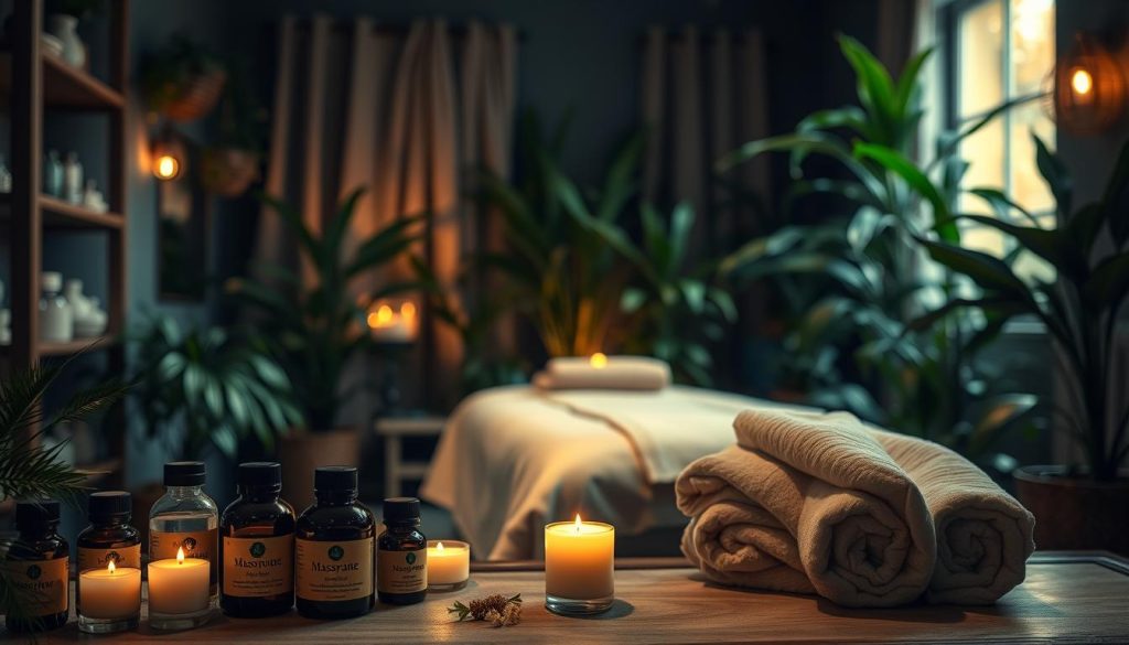 A cozy, dimly lit interior of a boutique massage studio. The foreground features an array of essential oil bottles, candles, and plush towels, inviting the viewer to indulge in the calming aromatherapy experience. The middle ground showcases a massage table draped with luxurious linens, surrounded by lush, potted plants that create a serene, spa-like atmosphere. The background hints at a softly-lit window, casting a warm, golden glow that enhances the relaxing ambiance. The overall composition conveys a sense of tranquility, inviting the viewer to escape the hustle and bustle of the city and immerse themselves in a peaceful, indulgent massage therapy session.