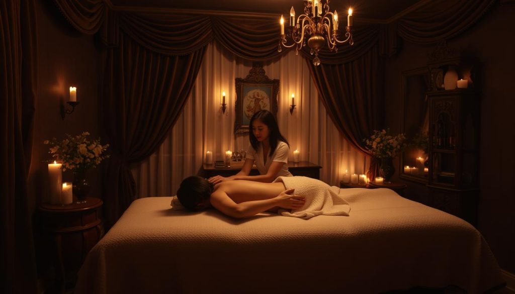 A cozy, dimly lit massage parlor in the heart of Istanbul, with plush velvet curtains, soft candlelight, and the scent of aromatherapy oils lingering in the air. A couple reclines on a luxurious massage table, surrounded by traditional Turkish decor and the gentle sound of soothing music. The masseuse's skilled hands glide over their bodies, promoting relaxation and rejuvenation. The atmosphere is intimate and romantic, creating a serene oasis amidst the bustling city streets outside.