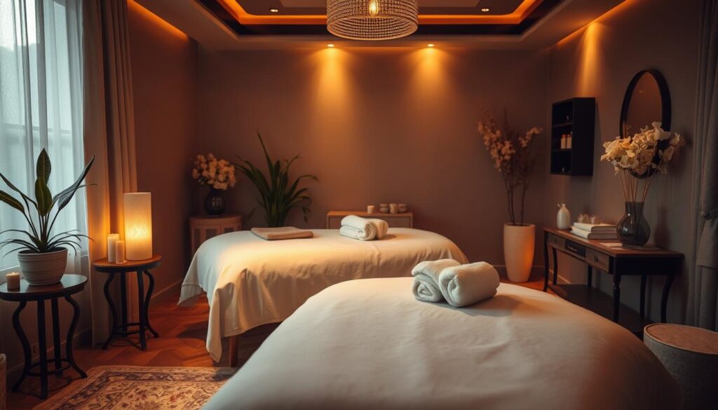 A cozy, dimly lit massage parlor interior, with warm lighting casting gentle shadows. Plush, inviting massage tables adorned with crisp white linens. Soothing scents of essential oils fill the air, creating a tranquil, spa-like atmosphere. Elegant décor elements, such as potted plants and soft, neutral-toned fabrics, add to the serene ambiance. The scene conveys a sense of professionalism, quality, and relaxation, reflecting the desired traits for masseuse job postings in the Kadıköy district.