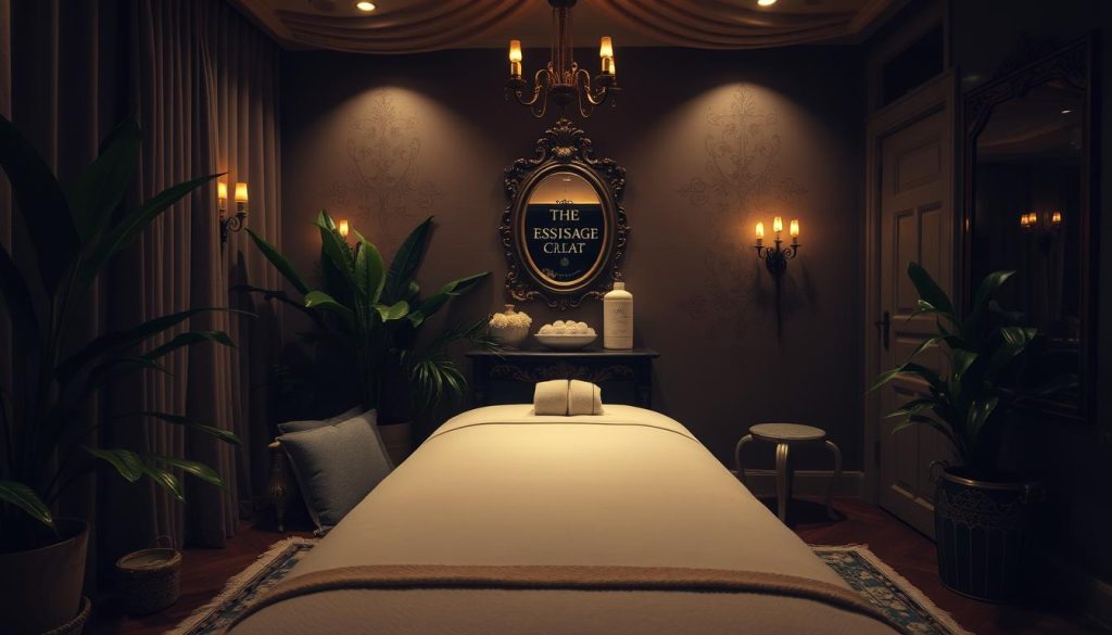 A cozy, dimly lit massage studio in Istanbul, with plush textiles, soft lighting, and the soothing scent of essential oils. A single, expertly crafted massage table takes center stage, surrounded by lush, verdant plants and ornate, antique-inspired decor. The atmosphere is serene and tranquil, inviting the viewer to imagine the rejuvenating and restorative experience of a bespoke massage. The camera angle is slightly elevated, creating a sense of intimacy and immersion, as if the viewer is about to embark on a luxurious and personalized wellness journey.