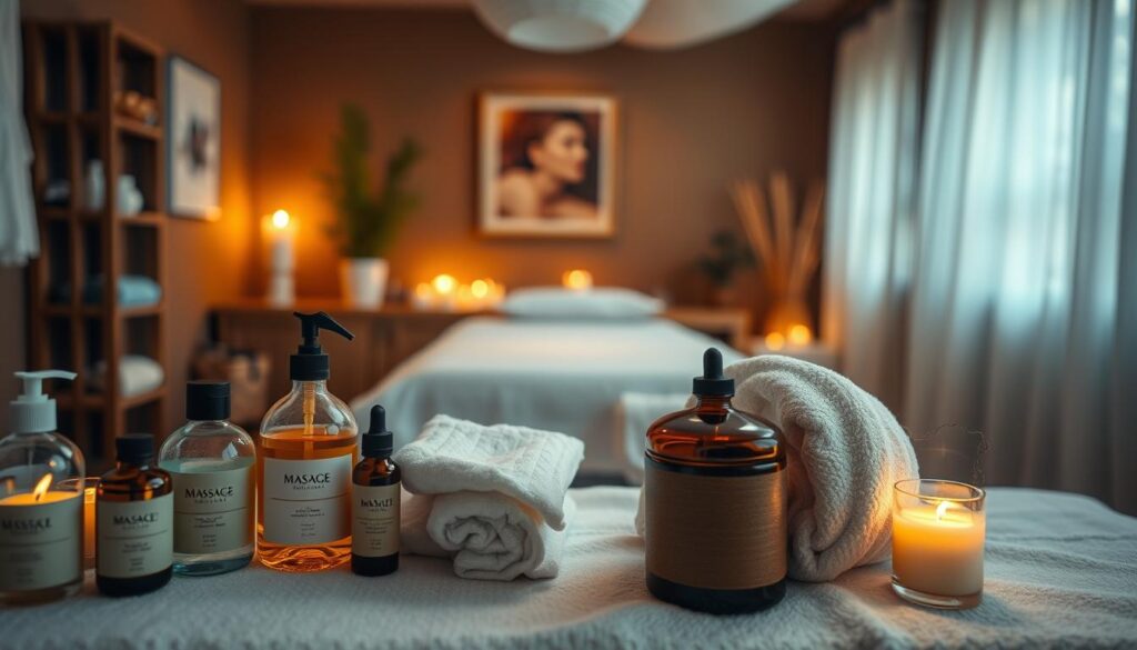 A cozy, dimly lit massage studio with a warm, inviting atmosphere. The foreground features an array of massage oils, towels, and soothing aromatherapy candles, showcasing the various massage modalities available. The middle ground depicts a massage table draped in crisp white linens, inviting the viewer to experience the relaxation and rejuvenation of different massage techniques. The background is softly blurred, emphasizing the focus on the massage elements. The lighting is gentle, creating a serene and tranquil ambiance. The overall tone is one of relaxation, comfort, and the promise of a truly restorative massage experience.