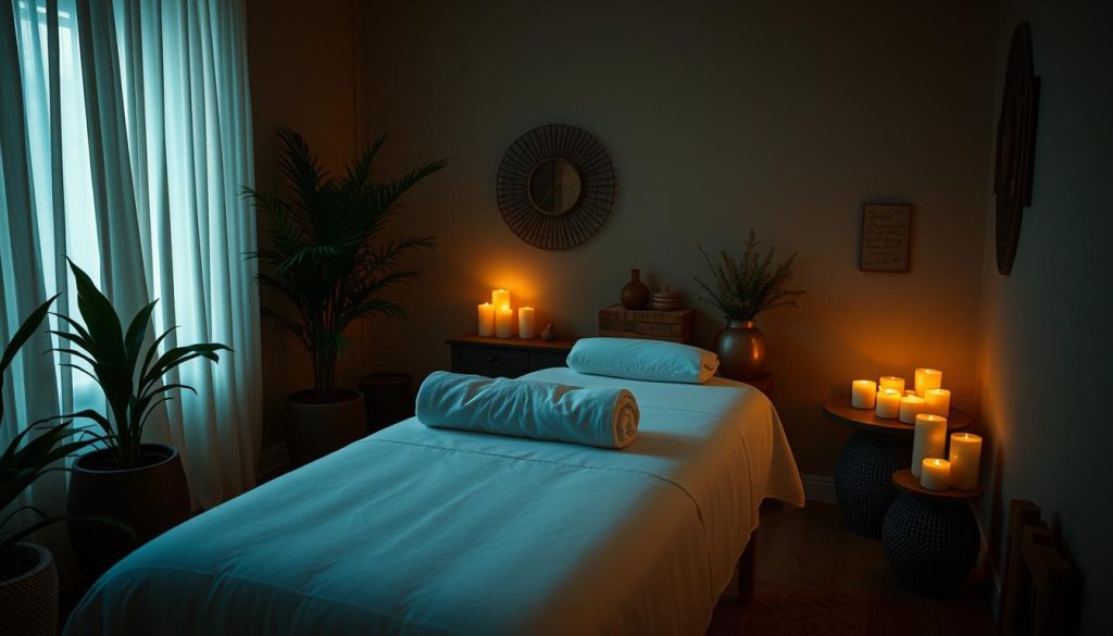 A cozy, dimly lit room with soft lighting, showcasing a tranquil scene of a masage table with luxurious white linens and plush pillows. The table is surrounded by calming elements like potted plants, candles, and a soothing color palette of earthy tones. The room has an intimate, spa-like ambiance, with a sense of relaxation and rejuvenation. The image captures the experience of an antistres massage, conveying a serene and therapeutic atmosphere.