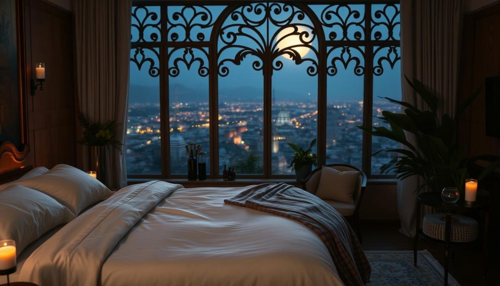 A cozy, dimly lit spa suite with a plush, king-sized bed adorned with crisp, white linens. Soft, flickering candlelight casts a warm, romantic glow, complemented by the soothing scent of essential oils. In the foreground, a wooden massage table draped in luxurious fabrics, awaiting the couple's indulgence. The background features a large, ornate window overlooking a tranquil, moonlit cityscape, creating a serene, intimate atmosphere. Lush, verdant plants accent the scene, adding a natural, calming element. The overall mood is one of relaxation, intimacy, and blissful escapism.