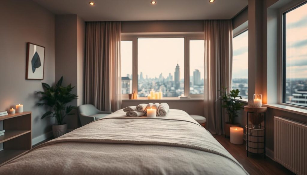 A cozy home interior, bathed in warm, ambient lighting. The focal point is a comfortable massage table, neatly arranged with clean linens and an array of soothing oils and aromatherapy candles. The space is uncluttered and serene, with soft textures and muted tones creating a tranquil, spa-like atmosphere. In the background, a large window overlooks a picturesque city skyline, blending the indoors and outdoors seamlessly. The overall scene conveys a sense of relaxation, comfort, and personalized attention, perfectly capturing the essence of an in-home massage experience.