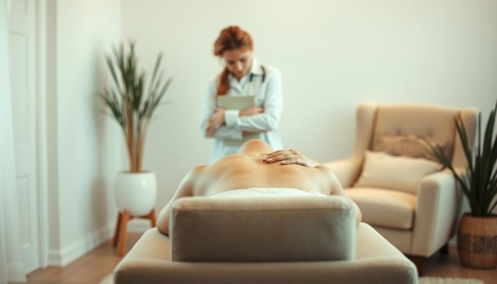 A cozy home interior with a minimalist design, featuring a plush armchair and soft lighting. The focus is on a professional masseuse's hands gently working on a client's back, creating a serene and relaxing atmosphere. The scene conveys a sense of comfort, pampering, and expert care, reflecting the "Boutique Massage Experience" with the masseuse's skilled touch.