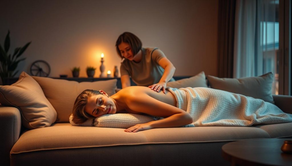 A cozy home interior with a plush, oversized sofa and a tranquil, dimly lit ambiance. A masseuse's hands gently kneading the shoulders of a relaxed client, their facial expression conveying a sense of deep relaxation. Soft, warm lighting creates a soothing atmosphere, while minimalist decor and natural elements like potted plants or a wooden coffee table add to the overall sense of comfort and tranquility. The scene exudes a feeling of indulgence and personalized care, capturing the essence of an in-home massage experience.