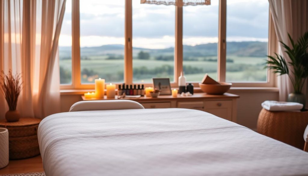 A cozy home interior with soft lighting, a massage table positioned in the foreground, adorned with plush linens and aromatherapy candles. The middle ground features a variety of essential oils, massage tools, and a soothing bowl of water. The background showcases a calming landscape through a large window, creating a serene, spa-like atmosphere. The overall scene conveys a sense of relaxation, comfort, and well-being, perfectly suited for a self-care session of simple massage techniques and aromatherapy.