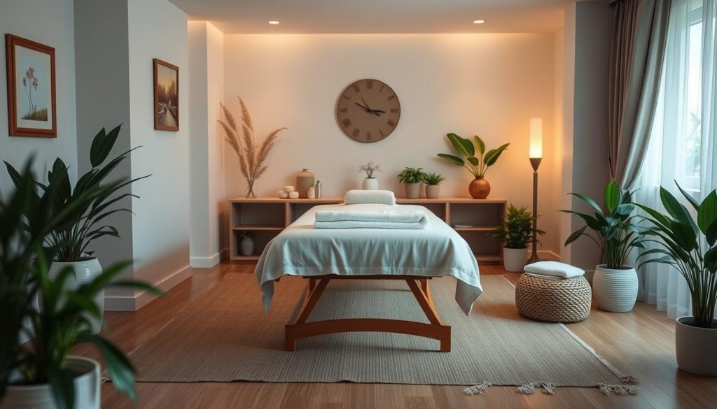 A cozy home setting with a neatly arranged massage table in the center, surrounded by potted plants, soft lighting, and soothing decor elements. The table is adorned with plush linens and towels, conveying a sense of tranquility and relaxation. The room's neutral color palette and natural textures create a calming ambiance, inviting the viewer to imagine the comfort and rejuvenation of an in-home massage experience. The angle captures the scene from a slightly elevated perspective, giving a comprehensive view of the inviting massage setup within the serene, private setting.