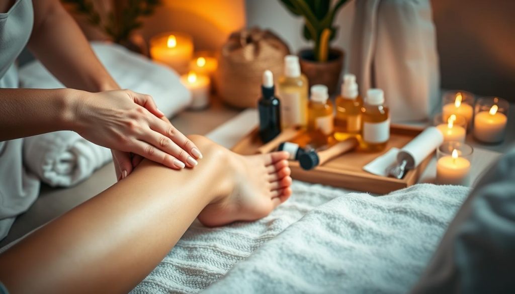 A cozy home spa scene, bathed in warm, soft lighting. In the foreground, a woman's hands gently massage her lower legs, kneading and stroking to improve circulation and reduce the appearance of cellulite. The middle ground features an array of massage oils, brushes, and other self-care tools arranged neatly on a wooden tray. In the background, a plush towel and candles create a serene, relaxing atmosphere. The composition emphasizes the delicate, caring nature of the self-massage process, inviting the viewer to envision themselves taking a moment of tranquility and self-nurturing.