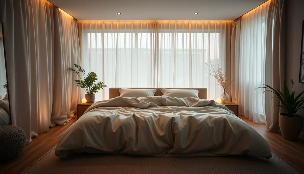 A cozy, inviting bedroom interior with a large, plush heated bed as the central focus. Soft, diffused lighting filters through sheer curtains, casting a warm, soothing glow. The bed is adorned with thick, luxurious bedding in neutral tones, inviting the viewer to sink in and relax. The space is minimalist yet elegant, with subtle textures and natural elements like wooden accents and potted plants to create an atmosphere of tranquility and comfort. The camera angle is slightly elevated, giving a three-quarter view of the bed and surrounding space, allowing the viewer to fully appreciate the serene, relaxing ambiance.