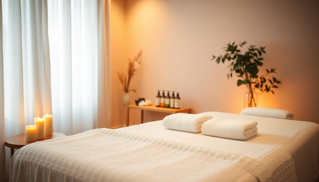 A cozy, inviting massage studio in Bakırköy, bathed in warm, soft lighting. The foreground features an elegant massage table, freshly made with crisp white linens and plush towels. Calming scented candles flicker, setting a soothing ambiance. In the middle ground, a selection of natural massage oils and lotions is neatly arranged on a wooden side table. The background showcases a serene, minimalist decor with muted earth tones, gentle floral accents, and a tranquil indoor plant. The overall atmosphere evokes a sense of relaxation and rejuvenation, perfect for a first-time massage experience.