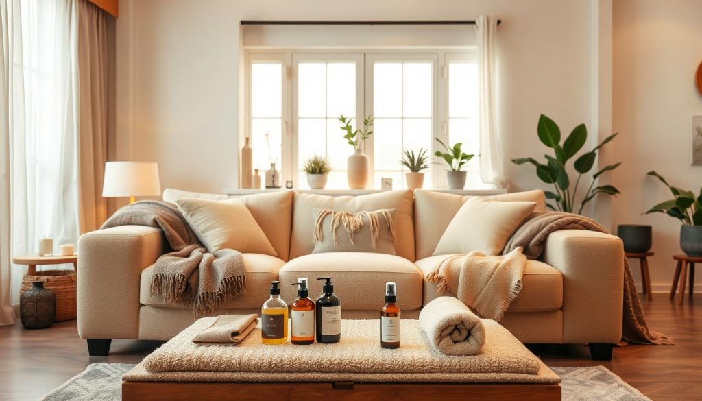 A cozy living room with warm, diffused lighting illuminating a simple yet inviting massage setup. A plush, oversized sofa takes center stage, adorned with luxurious throws and pillows. In the foreground, a low coffee table holds various massage oils and tools, including a soft, plush massage mat. The middle ground features a serene, minimal decor with potted plants and a soothing, neutral color palette. The background showcases a large, natural-light-filled window, creating a calming, spa-like ambiance. The overall scene conveys a sense of tranquility, relaxation, and the comforting experience of an at-home massage.