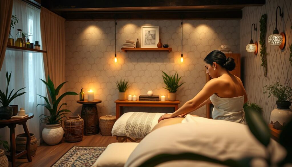 A cozy massage parlor nestled in the heart of Istanbul, filled with the soothing scents of essential oils and the gentle hum of ambient music. In the foreground, a tranquil scene unfolds as a skilled masseuse expertly kneads the tension from a client's shoulders, using a blend of traditional Turkish techniques and modern therapeutic approaches. The middle ground showcases an array of massage modalities, from the rejuvenating Turkish hammam experience to the tension-relieving deep tissue massage, each tailored to the unique needs of the individual. The background evokes a serene, spa-like atmosphere, with soft lighting, natural textures, and calming décor that transports the viewer to a state of pure relaxation.