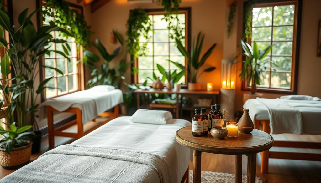 A cozy massage studio filled with lush greenery and warm natural lighting. Wooden massage tables stand ready, adorned with crisp white linens. On a side table, an array of organic massage oils, candles, and soothing aromatherapy diffusers await. The scene exudes a tranquil, spa-like atmosphere, inviting the viewer to relax and enjoy a restorative massage experience. The focus is on creating a calming, rejuvenating ambiance conducive to pre-massage preparation and health-conscious self-care.