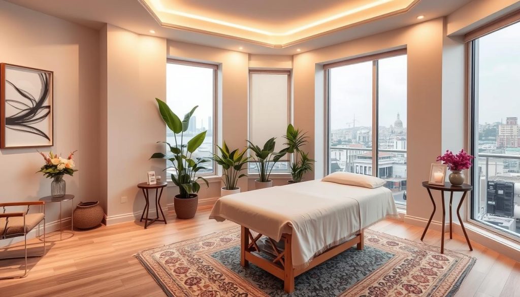 A cozy, modern interior of a boutique massage parlor in Istanbul. Soft, warm lighting illuminates the serene space, with clean lines and natural textures creating a sense of tranquility. In the foreground, a plush massage table sits atop a patterned rug, accompanied by elegant side tables and a vase of fresh flowers. The middle ground features lush, verdant plants and calming artwork on the walls, while the background showcases large windows offering a glimpse of the bustling city outside. The overall atmosphere evokes a personalized, wellness-focused experience tailored to the individual.