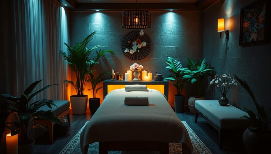 A cozy spa interior, dimly lit with warm ambient lighting casting a gentle glow. A plush massage table is the focal point, surrounded by elegant furnishings and decor elements that evoke a sense of tranquility. Lush potted plants and delicate floral arrangements adorn the space, creating a serene and inviting atmosphere. The scene is captured from a mid-range perspective, highlighting the attention to detail and the overall ambiance of the "randevu hazırlık" setting.
