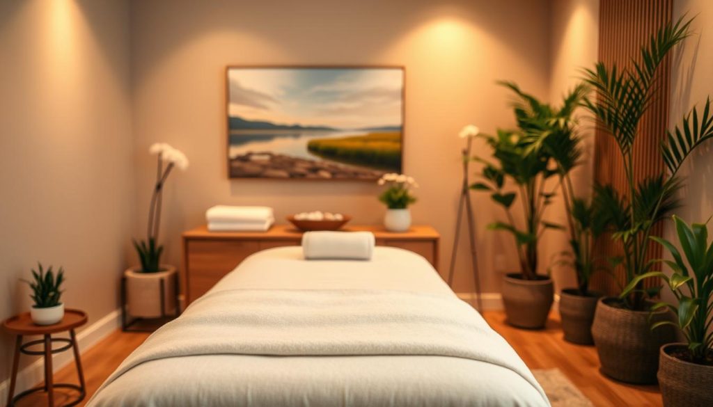 A cozy therapy room with warm lighting, featuring a modern massage table adorned with plush linens. In the background, a tranquil landscape painting hangs on the wall, complemented by natural wood accents and lush potted plants. The room exudes a sense of peaceful relaxation, inviting the viewer to imagine a personalized treatment plan tailored to their unique needs. The perspective is slightly elevated, capturing the serene atmosphere and attention to detail that characterizes the professional, customized care offered.