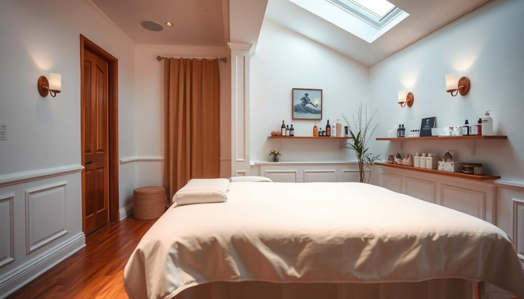 A cozy, well-lit massage parlor interior with pristine white walls, gleaming hardwood floors, and elegant decor. Soft lighting from wall sconces and skylights creates a calming ambiance. In the foreground, a high-quality massage table draped in clean, plush linens stands ready for clients. Discreet shelves display neatly organized massage oils, lotions, and other premium amenities. The overall atmosphere conveys a sense of professionalism, hygiene, and attention to detail that would assure discerning customers of the establishment's commitment to the highest standards of service.