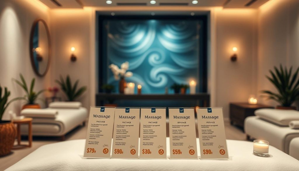 A cozy, well-lit spa-like setting with a sleek, minimalist aesthetic. In the foreground, a neatly organized display showcases various massage package options, with price tags and icons indicating the services included. The middle ground features soothing, ambient lighting and decorative elements like potted plants, candles, and soft, textured fabrics to create a tranquil, inviting atmosphere. The background gently fades into a serene, blurred backdrop, emphasizing the focus on the massage service offerings. The overall composition suggests an elegant, high-end experience tailored to the needs and budgets of the audience.