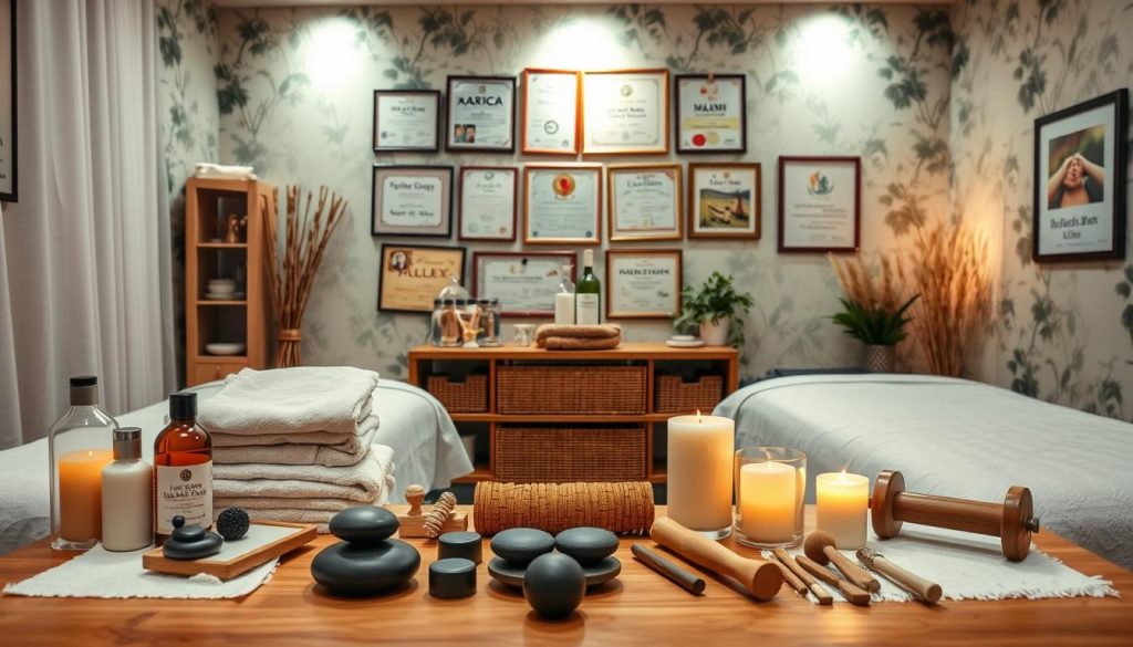 A cozy, well-lit studio with soft, diffused lighting highlighting a selection of massage therapy tools and accessories, including massage oils, towels, and aromatherapy candles. The foreground features an array of hands-on therapies, such as massage stones, acupressure tools, and therapeutic massage rollers, neatly arranged on a wooden surface. The middle ground showcases a variety of professional massage therapy certificates and licenses, conveying a sense of expertise and credibility. The background features a serene, nature-inspired wallpaper, creating a calming and rejuvenating atmosphere.