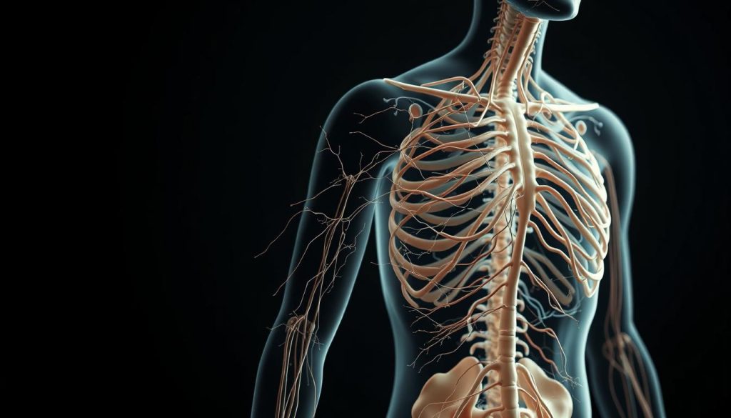 A detailed anatomical cross-section of the parasympathetic nervous system, capturing its intricate web of nerves, ganglia, and connections throughout the body. Rendered in a muted, scientific color palette with a sense of depth and precision. Subtle lighting accentuates the delicate network, creating an atmosphere of calm and balance. The image conveys the complex interplay between the parasympathetic system and the body's physiological processes, reflecting the tranquil, restorative nature of relaxation.