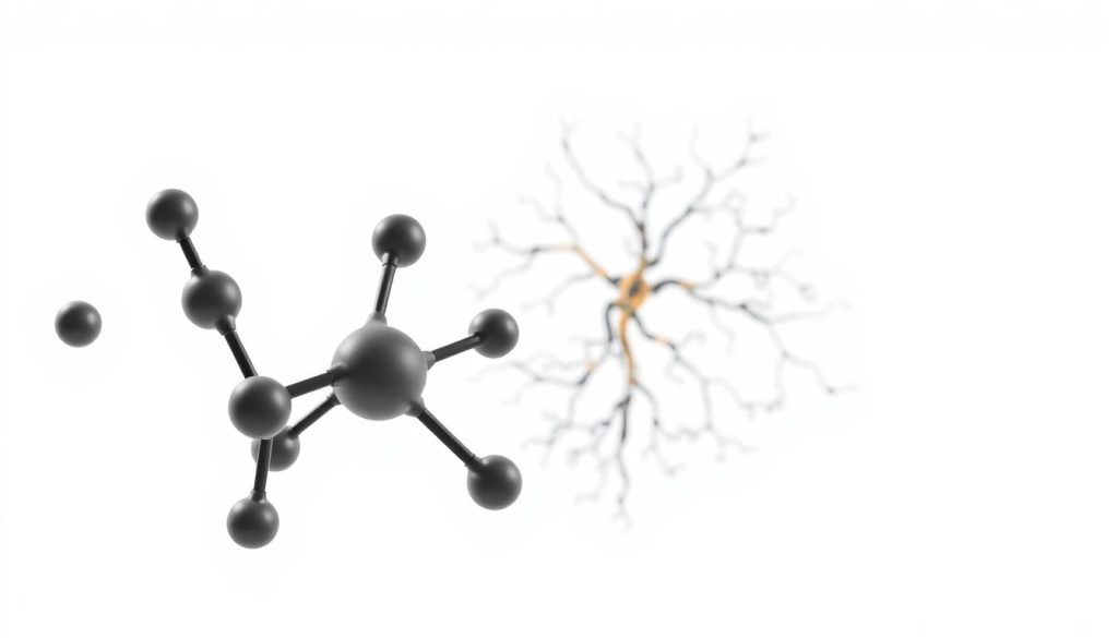 A detailed anatomical illustration of serotonin, the neurotransmitter responsible for regulating mood, sleep, and other bodily functions. Depicted in high-contrast, scientific rendering with a neutral, minimalist background. The serotonin molecule is shown in the foreground, with its chemical structure and atomic components clearly visible. The middle ground features a stylized nervous system, highlighting the pathways and receptors where serotonin acts. The background is a clean, white space, allowing the subject to be the focus. Lighting is soft and even, creating a sense of clinical precision. The overall mood is one of educational, informative clarity, suitable for illustrating the science of sleep and the nervous system.