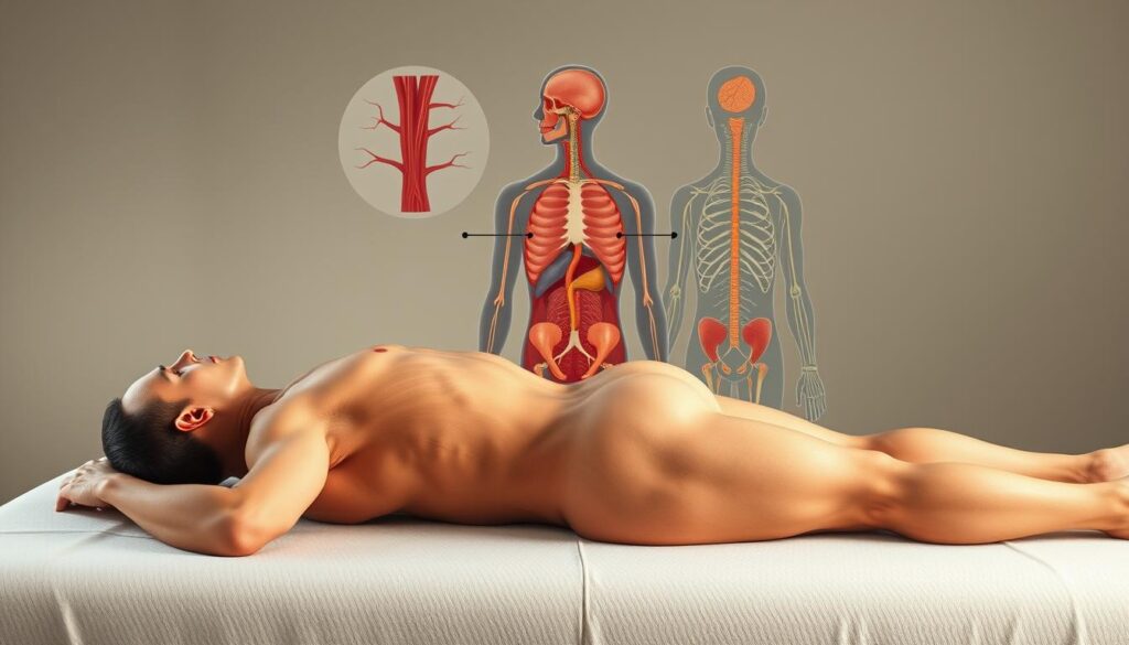 A detailed anatomical illustration showcasing the effects of massage on the human body. In the foreground, a serene figure reclines in tranquil repose, muscles visibly relaxed and tension dissipated. The middle ground reveals intricate, lifelike depictions of the circulatory, lymphatic, and nervous systems, highlighting how massage promotes improved blood flow, lymph drainage, and reduced nerve irritation. The background presents a soothing, naturalistic environment, with soft lighting and muted colors conveying a sense of wellness and rejuvenation. The composition emphasizes the holistic, therapeutic benefits of massage therapy, capturing its profound impact on the overall function and well-being of the body.