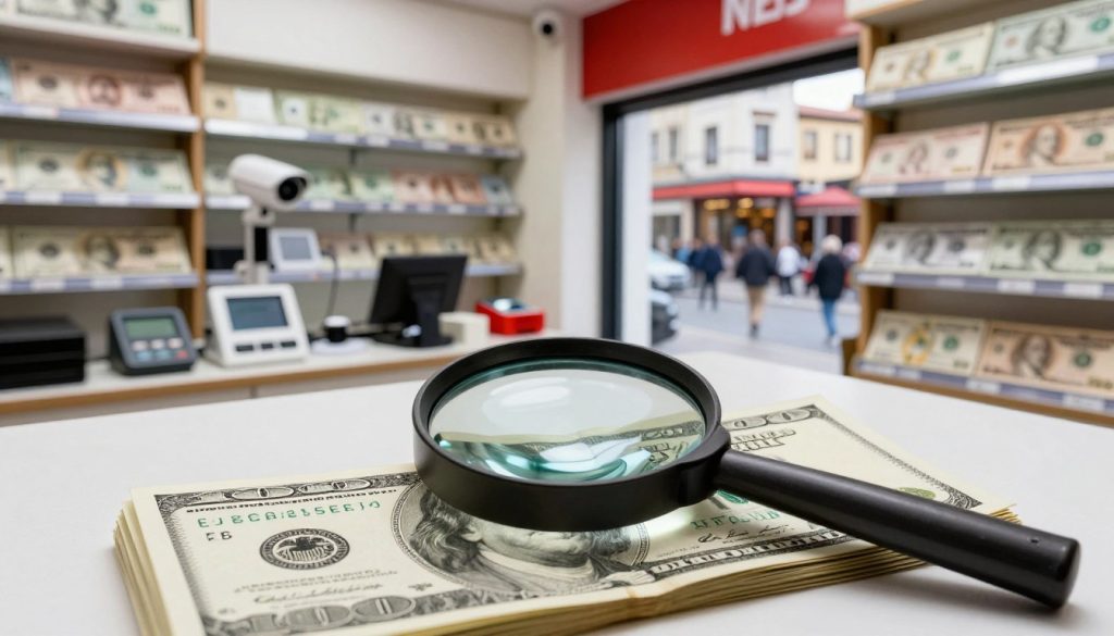 A detailed and realistic scene depicting a counterfeit detection scenario. In the foreground, a magnifying glass is placed over a stack of counterfeit dollar bills, showcasing intricate security features being examined closely. In the middle ground, a well-organized, modern store with shelves displaying legitimate currency detection tools and a surveillance camera monitoring the area. In the background, a blurred image of a bustling Istanbul street through a large shop window, hinting at the city's vibrancy. The lighting is bright, emphasizing the alarm and seriousness of the counterfeit investigation. The atmosphere conveys tension and alertness, suggesting a serious approach to fraud detection. The focus is on the tools and environment of deception, with no human figures present.