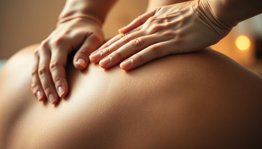 A detailed, close-up view of a medical massage technique in action. The scene depicts skilled hands kneading and manipulating the soft tissues of the upper back, with a focus on the shoulder and neck area. The lighting is warm and diffused, creating a soothing, therapeutic atmosphere. The background is blurred, keeping the attention on the massage process. The composition emphasizes the intricate, deliberate movements of the massage, conveying the expertise and care required for this effective medical treatment.