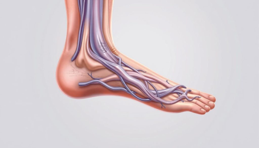 A detailed cross-section illustration of the formation of varicose veins. Depicting the anatomy of the leg, showing the skin, subcutaneous fat, muscle, and circulatory system. Focused on the vein walls dilating and twisting, creating the knotted, bulging appearance of varicose veins. Rendered in a technical, medical illustration style with clean lines, muted colors, and subtle shadows to convey depth and structure. Backlit by a soft, diffused light source to highlight the internal structures. Camera angle positioned to provide an informative, educational view of the varis oluşumu process.