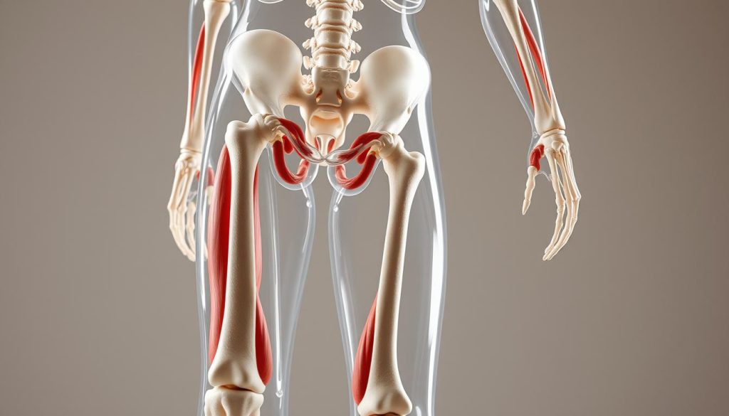 A detailed illustration of the human skeletal muscle system, showcasing the intricate interconnections and structures that enable movement and support the body. The scene depicts a transparent anatomical model, with individual muscle groups, tendons, and bones clearly visible under soft, directional lighting. The focus is on the lower body, highlighting the major muscle groups of the legs and hips, rendered in a clean, technical style that conveys both scientific accuracy and artistic elegance. The background is a muted, neutral tone, allowing the anatomical details to take center stage and emphasize the functional complexity of the musculoskeletal system.