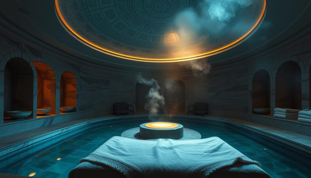 A dimly lit Turkish bath, the scent of eucalyptus and steam filling the air. A large, domed ceiling with intricate tile patterns casts a warm glow, illuminating the smooth, curved marble walls and the central, heated göbek taşı (belly stone). On the periphery, alcoves hold bowls of water and stacks of soft, plush towels. The foreground features a raised platform with a peshtemal (traditional Turkish bath towel) draped over it, ready for a relaxing kese (exfoliating scrub) and köpük (foaming soap) massage. The scene conveys a sense of timeless tradition, tranquility, and indulgent pampering.