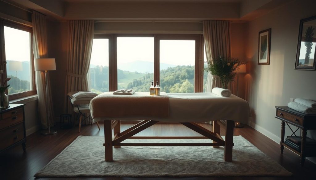 A dimly lit, cozy bedroom with soft, warm lighting casting a tranquil glow. In the foreground, a beautifully crafted, wooden massage table stands invitingly, adorned with plush linens and a calming array of massage oils and tools. The middle ground features a serene, natural landscape visible through a large window, providing a soothing backdrop. The overall atmosphere exudes a sense of relaxation, comfort, and professionalism, conveying the reliable and trustworthy nature of the home-based massage service.