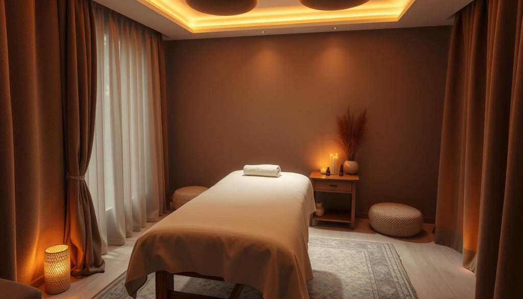 A dimly lit, cozy massage therapy room in Istanbul. Warm, soft lighting casts a soothing glow, creating a serene atmosphere. Plush, earthy-toned fabrics and natural textures adorn the space, evoking a sense of comfort and relaxation. In the center, a massage table stands ready, its crisp white linens inviting the patient to sink into a state of tranquility. Alongside, a wooden side table holds essential oils and calming incense, their aromas subtly permeating the air. The room's layout is designed to promote a peaceful, therapeutic experience, providing a sanctuary from the city's bustling energy outside.