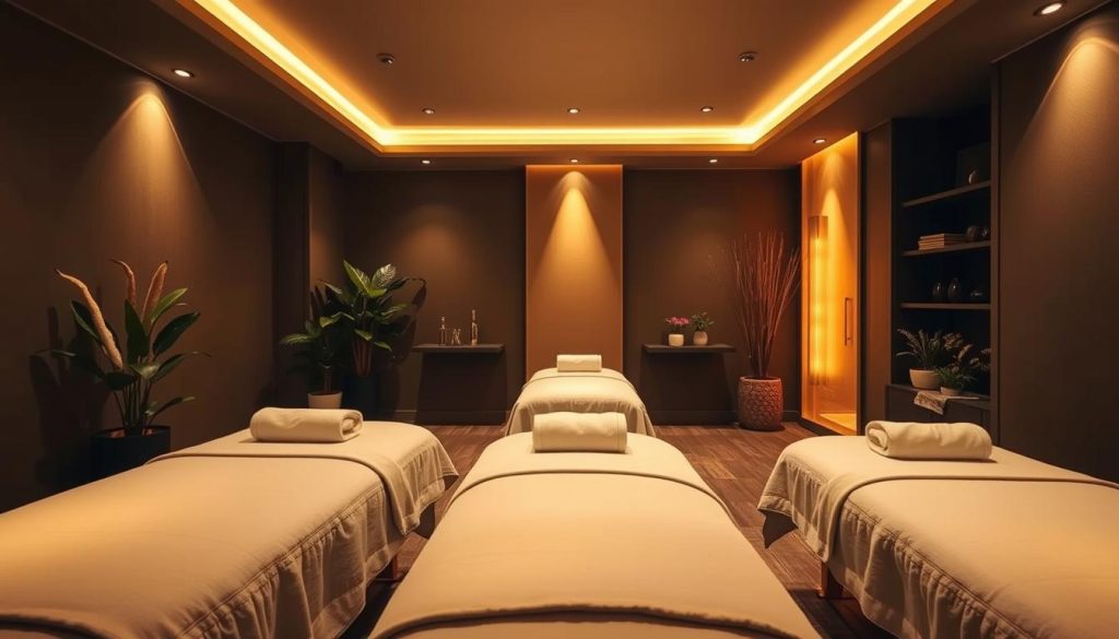 A dimly lit, elegant massage studio with warm, diffused lighting. Plush, therapeutic massage tables are positioned amidst soothing decor elements like potted plants, natural wood accents, and soft, earthy-toned fabrics. The space exudes a sense of tranquility and relaxation, inviting the viewer to imagine the restorative experience of a high-quality massage. The camera angle is slightly elevated, capturing the serene, holistic atmosphere of the studio.