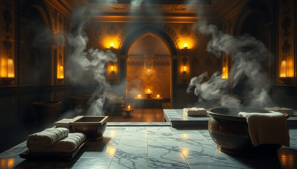 A dimly lit, luxurious Turkish bath (türk hamamı) scene, with steam gently rising from the heated marble surfaces. The foreground features an array of traditional bathing accessories, such as a wooden tub, a copper basin, and soft, plush towels. The middle ground showcases the ornate architecture, with intricate tile patterns and arched doorways. The background is hazy, evoking a sense of tranquility and relaxation, lit by warm, ambient lighting that casts a golden glow over the entire space. The composition should convey the soothing, rejuvenating atmosphere of an expert massage and treatment experience.
