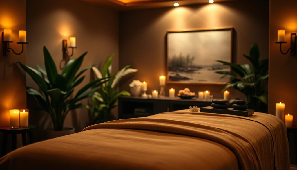 A dimly lit, luxurious massage parlor interior with plush, soothing textures. Soft, warm lighting from sconces and candles casts a tranquil ambiance. In the foreground, an elegantly draped massage table, its surface adorned with premium linens. Wisps of aromatic essential oils drift through the air, creating a calming, sensory experience. The background features lush, verdant plants and serene artwork, evoking a sense of relaxation and rejuvenation. High-quality massage tools, such as therapeutic oils and heated stones, are artfully displayed, showcasing the attention to detail and expertise in the services offered. An overall atmosphere of personalized, indulgent pampering exudes from the scene.
