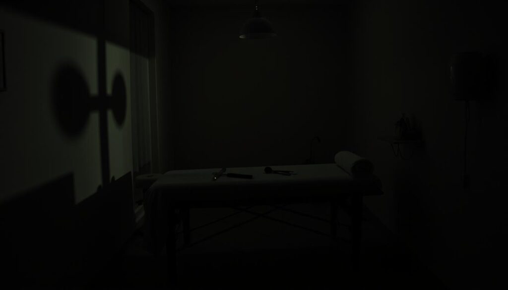 A dimly lit massage parlor, shadows cast across the walls, highlighting the incorrect techniques and potentially hazardous practices. A massage table stands in the center, with improperly positioned tools and equipment scattered around. The lighting is harsh, creating an uneasy atmosphere, suggesting the potential risks and dangers of such unprofessional massage services. The scene conveys a sense of unease and the need for caution when seeking out qualified, safe massage practitioners.
