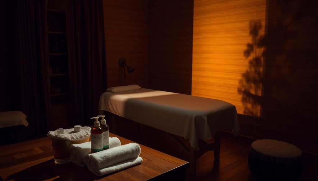 A dimly lit massage parlor, the room cast in a warm, soothing glow. Massage oils and towels lie neatly arranged on a wooden table, while a massage table stands in the center, its crisp linens inviting. Shadows play across the walls, hinting at the potential risks of improper technique or unsanitary conditions. The atmosphere conveys a sense of tranquility, yet also an underlying tension, reminding the viewer to be mindful of safety and precautions when seeking the benefits of adult massage therapy.