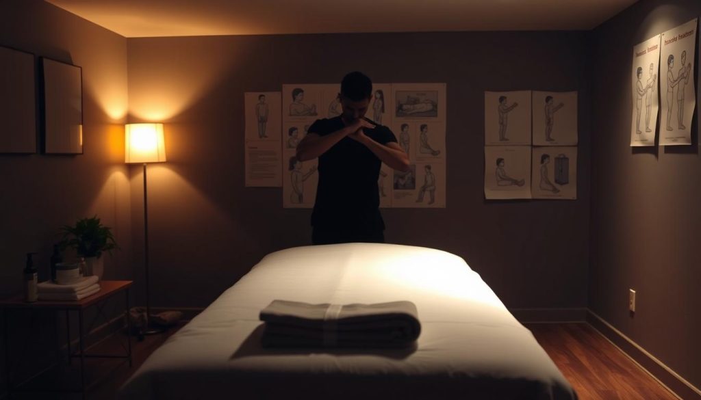 A dimly lit massage studio, with a massage table in the foreground. Towels, oils, and other massage tools are neatly arranged on a side table. The middle ground features a shadowy figure demonstrating an incorrect massage technique, their hands positioned awkwardly. In the background, a series of illustrations or diagrams depicting common massage education mistakes hang on the walls, providing visual guidance. The overall atmosphere is one of learning and caution, with a subdued, educational tone. Soft, warm lighting casts gentle shadows, creating a serene yet cautionary mood.