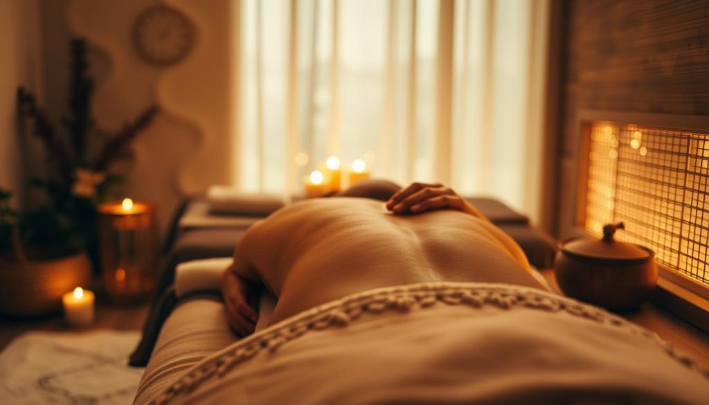 A dimly lit massage studio with a serene, spa-like ambiance. In the foreground, a masseuse's hands delicately kneading and manipulating the muscles of a client's back, using a variety of massage techniques such as Swedish, deep tissue, and trigger point therapy. Soft, warm lighting illuminates the scene, creating a calming, therapeutic atmosphere. In the middle ground, a massage table with plush linens and aromatherapy candles, set against a backdrop of natural, earthy tones and textures, evoking a sense of relaxation and well-being. The overall mood is one of tranquility, rejuvenation, and holistic healing.