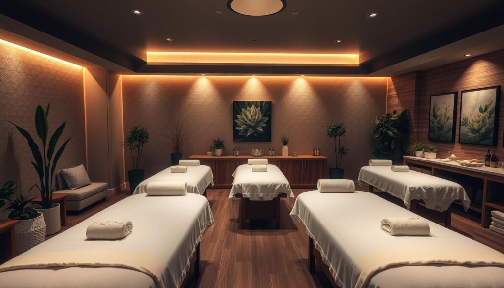 A dimly lit massage studio with soft, warm lighting casting a soothing glow. Plush, neutral-toned fabrics and natural wood accents create a calming, spa-like ambiance. Neatly arranged massage tables stand ready, each with crisp white linens and an array of massage oils and tools nearby. Potted plants and nature-inspired artwork adorn the walls, evoking a serene, restorative atmosphere. The space conveys a sense of tranquility and professionalism, catering to the needs of hardworking masseuses and their clients.