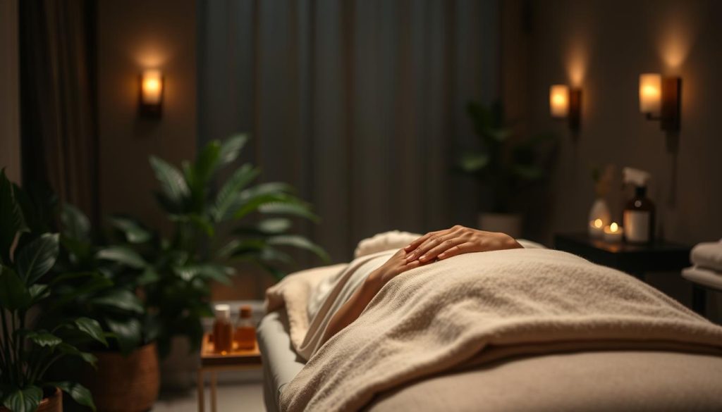 A dimly lit massage studio with soothing neutral tones. Plush towels and natural oils on a wooden massage table. Soft, indirect lighting from wall sconces casts a warm, therapeutic glow. In the foreground, a pair of skilled, experienced hands perform long, flowing Swedish massage strokes on a draped figure. The middle ground features lush, verdant plants and natural elements, evoking a serene, restorative ambiance. The background blends into a tranquil, out-of-focus scene, suggesting a private, tranquil oasis of relaxation.