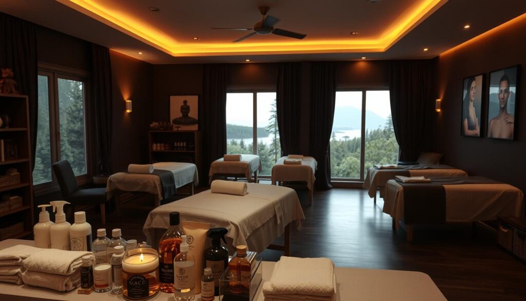 A dimly lit massage studio with various massage modalities on display. Soothing, warm lighting sets an inviting atmosphere. In the foreground, an array of massage oils, lotions, and tools are neatly arranged. The middle ground features massage tables, draped in soft fabrics, and various massage techniques demonstrated, such as Swedish, deep tissue, and hot stone. The background showcases a serene, natural landscape through a large window, further enhancing the calming ambiance. The overall scene conveys a sense of relaxation, wellness, and expertise in the diverse range of massage therapies offered.