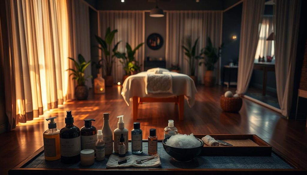 A dimly lit massage therapy studio, with natural light filtering through sheer curtains, casting a warm glow on the polished wooden floors. In the foreground, an array of massage oils, lotions, and tools are neatly arranged on a low table, inviting the viewer to imagine the soothing sensations of the treatments. In the middle ground, a serene massage table is positioned, surrounded by lush indoor plants and subtle ambient lighting, creating a calming, restorative atmosphere. In the background, hints of other massage therapy equipment and decor can be seen, hinting at the range of techniques and modalities available. The overall scene conveys a sense of tranquility, balance, and the expertise of the skilled therapists who work in this space.