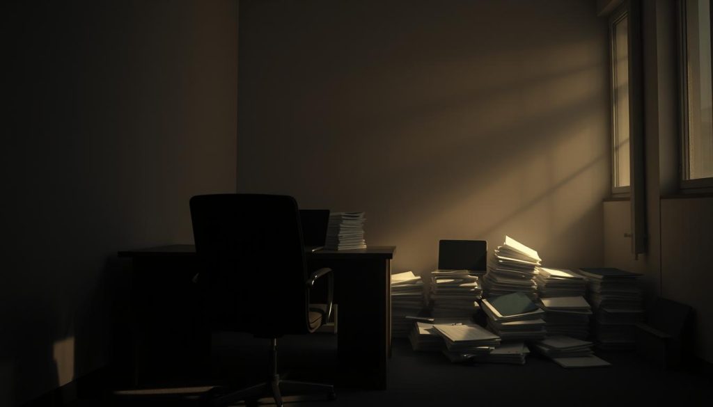 A dimly lit office interior, with a desk and chair in the foreground, casting long shadows. The walls are bare, giving a sense of isolation and detachment. In the middle ground, piles of unfinished paperwork and a laptop, symbolizing the overwhelming workload. The background is hazy, suggesting a lack of focus and clarity. Soft, warm lighting filters through the windows, creating a sense of melancholy and exhaustion. The overall atmosphere conveys the burden of burnout, the emotional and physical toll of the "tükenmişlik sendromu" experienced by the office worker.