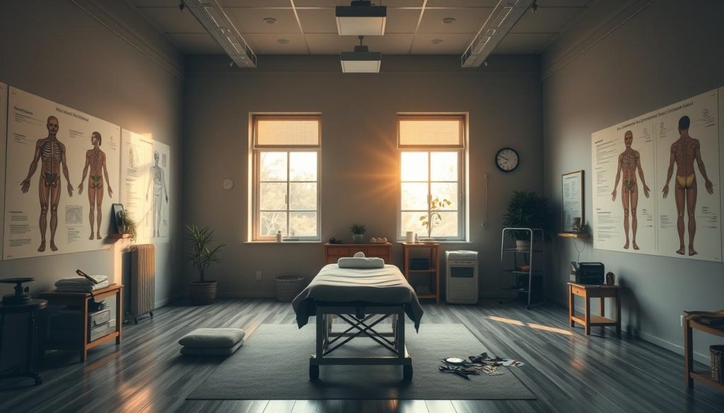 A dimly lit, serene classroom setting. The walls are adorned with anatomical diagrams and soothing, earthy tones. In the center, a massage table stands, surrounded by various massage therapy tools and equipment. Natural light filters in through large windows, casting a warm glow. The atmosphere exudes a sense of tranquility and professionalism, conveying the educational and certification aspects of masaj terapisti training. The scene invites the viewer to imagine the comprehensive theoretical and practical knowledge required to become a skilled masaj terapisti.