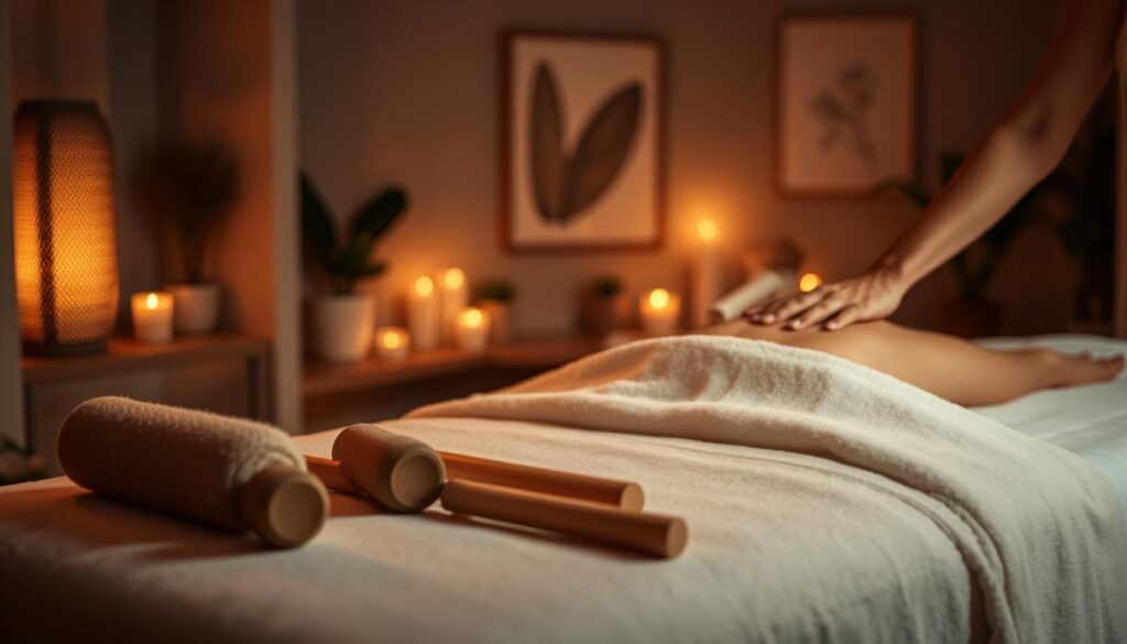 A dimly lit, serene massage studio with soft, warm lighting. In the foreground, a massage table with plush linens and a selection of massage oils and tools - natural sponges, wooden rollers, and bamboo sticks. Middle ground showcases the skilled hands of a masseuse, delicately applying various massage techniques - kneading, stroking, and tapping - to relieve muscle tension. The background features calming decor, such as potted plants, candles, and minimal abstract artwork, creating a tranquil, rejuvenating atmosphere.