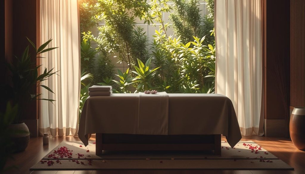 A dimly lit, serene spa-like setting with lush, verdant foliage and soothing natural lighting. An elegant massage table is positioned centrally, draped in soft, plush linens. Warm, earthy tones and natural wood accents create a calming atmosphere. Delicate, fragrant flower petals are scattered around the table, hinting at the use of aromatherapy oils. The scene evokes a sense of tranquility and restorative well-being, perfectly capturing the essence of an "aromaterapi masajı" experience.