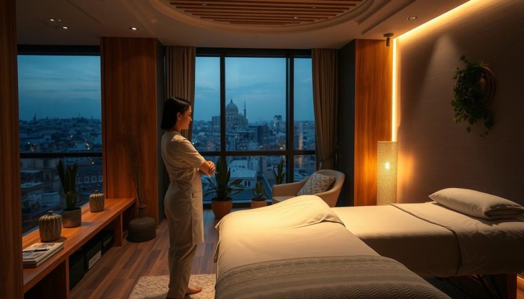 A dimly lit, soothing massage studio in Istanbul's Anatolian side, with soft lighting casting a warm glow on the wooden accents and plush fabrics. A professional masseuse stands in the foreground, their hands delicately working to alleviate tension and stress, conveying a sense of tranquility and rejuvenation. The middle ground features calming, earthy-toned decor, like potted plants and natural stone details, while the background showcases the cityscape through large windows, creating a harmonious blend of urban and serene. The overall atmosphere evokes a sanctuary of relaxation and well-being.